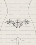 Dagger lower back tattoo shown as a tramp stamp placement, with a centered blade and a wide decorative spread across the waist.