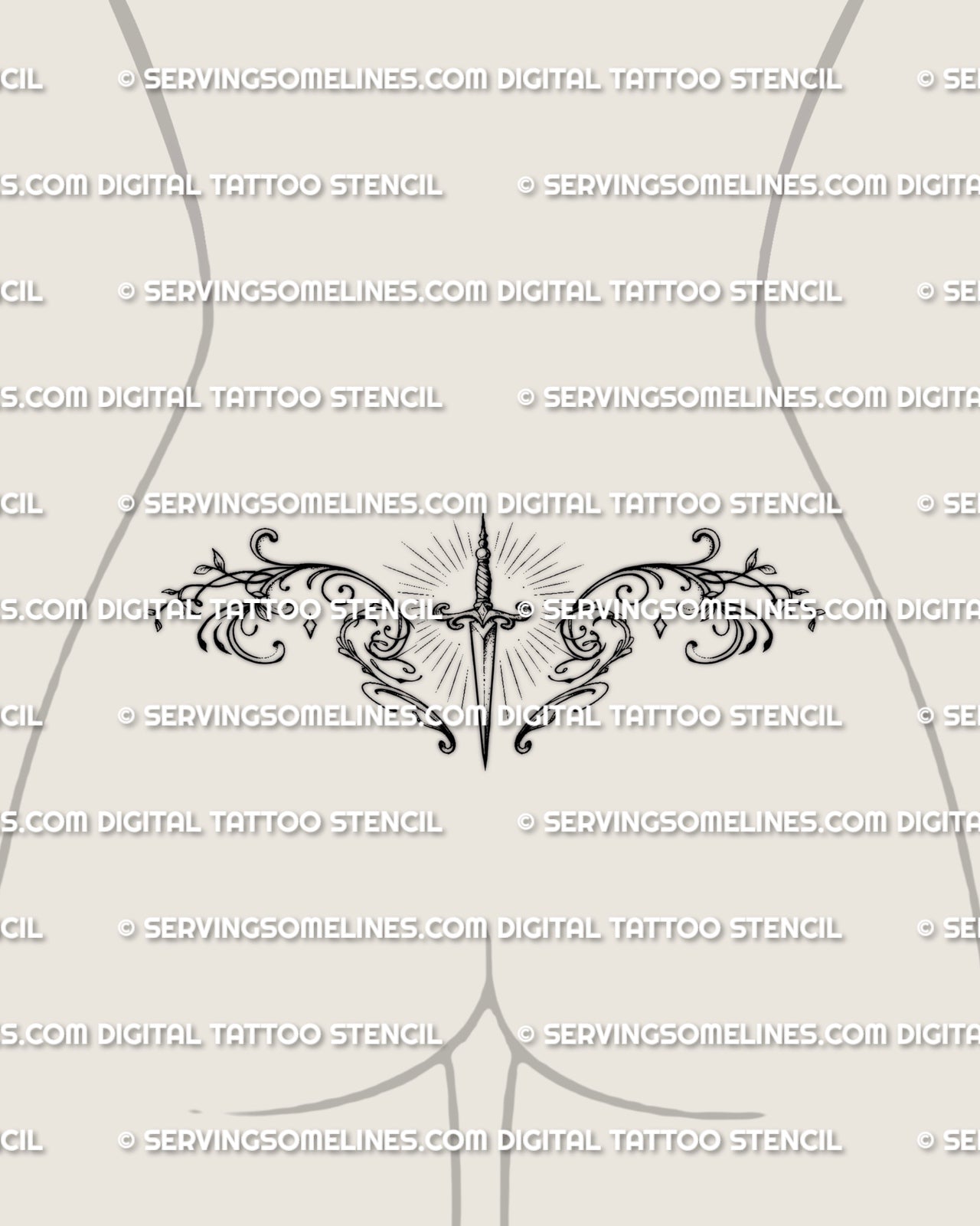 Dagger lower back tattoo shown as a tramp stamp placement, with a centered blade and a wide decorative spread across the waist.