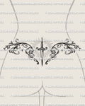 Dagger lower back tattoo shown on womens lower back placement, with a centered blade, radiant detail, and mirrored side framing.