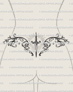 Dagger lower back tattoo shown on womens lower back placement, with a centered blade, radiant detail, and mirrored side framing.
