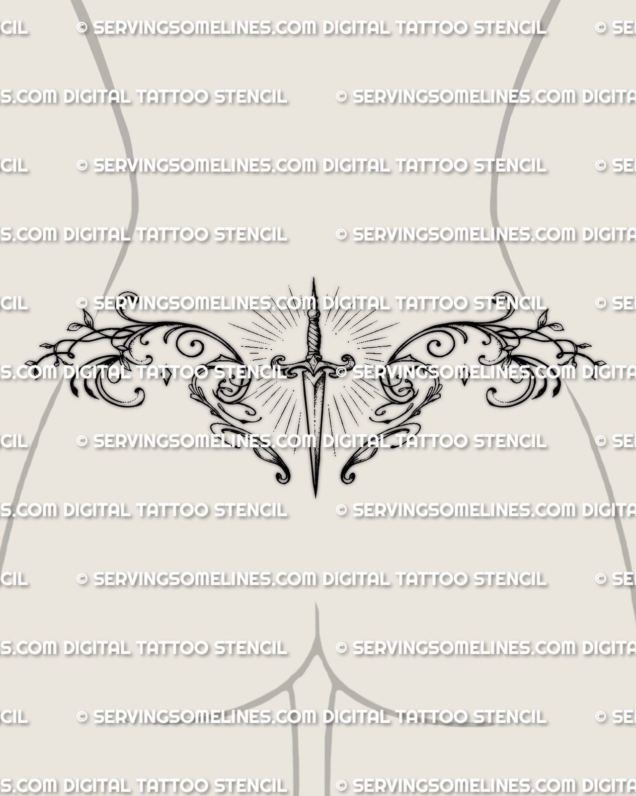 Dagger lower back tattoo shown on womens lower back placement, with a centered blade, radiant detail, and mirrored side framing.