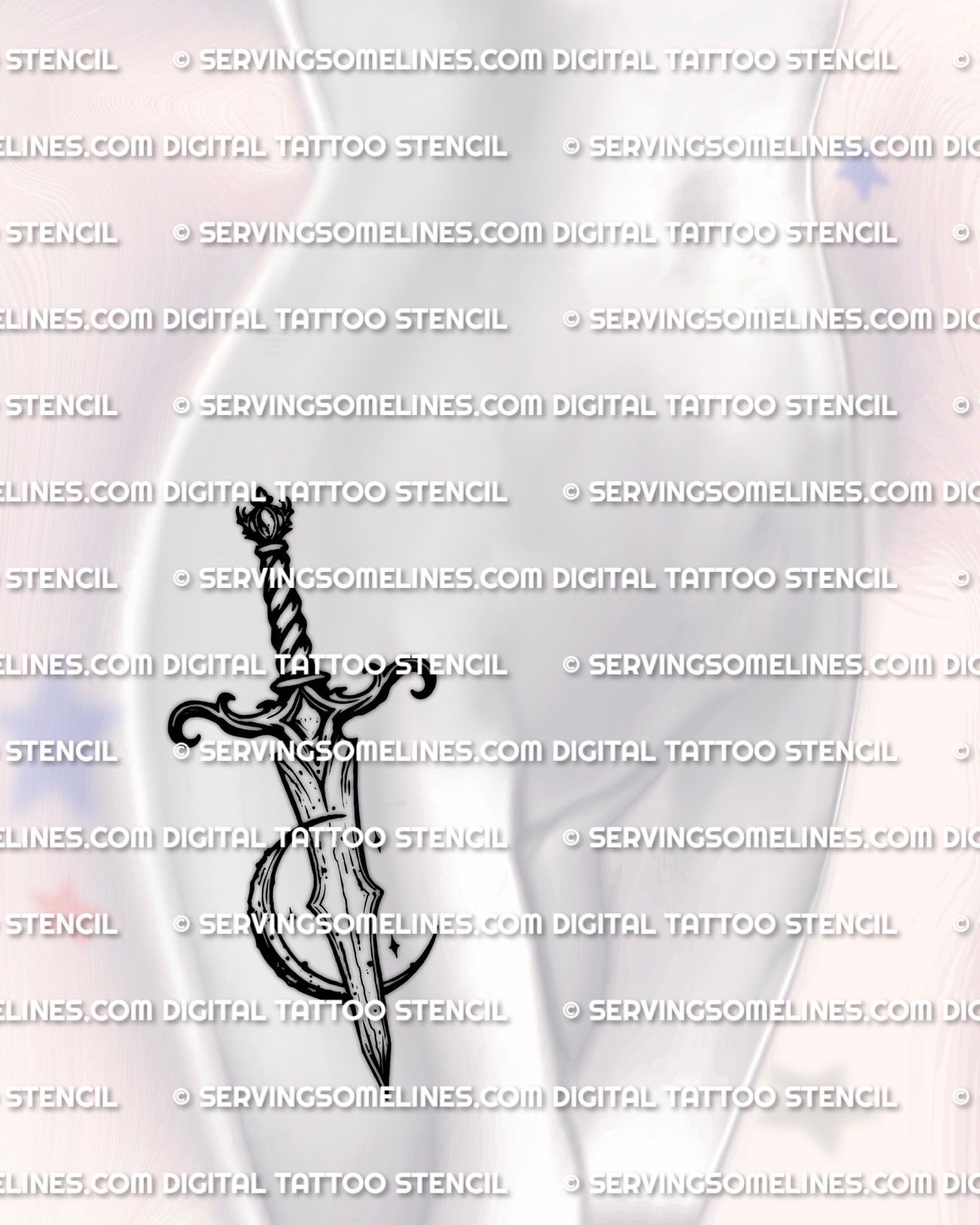 Dagger moon tattoo stencil shown on women’s hip placement example, clean crescent layout for placement planning.