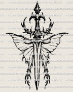 Dagger moth tattoo stencil, centered moth body with wide wings, sharp guard details, digital print file.
