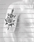 Men’s dagger through rose tattoo stencil shown on arm placement example, rose pierced by blade, instant download file.