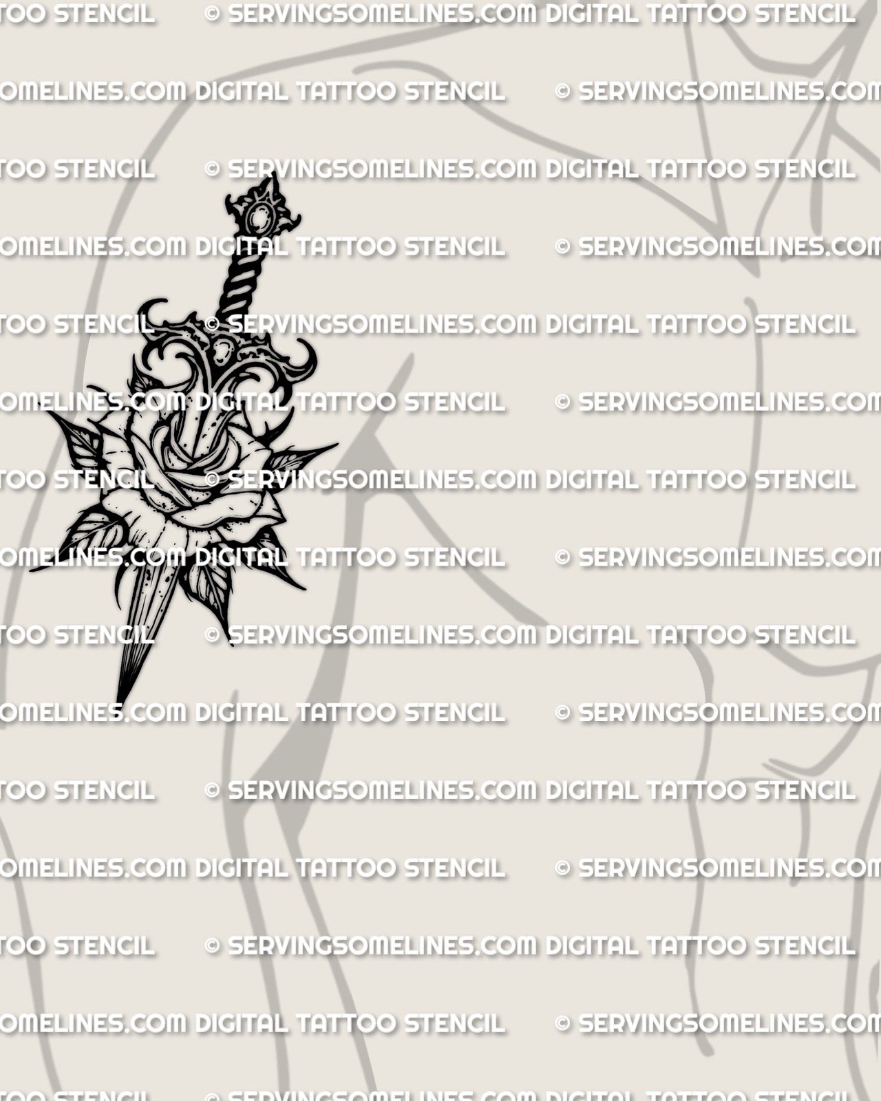 Men’s dagger through rose tattoo stencil shown on arm placement example, rose pierced by blade, instant download file.