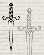 Classic dagger tattoo stencil close-up showing twisted grip, curved guard, and tapered blade lines for clean transfer.
