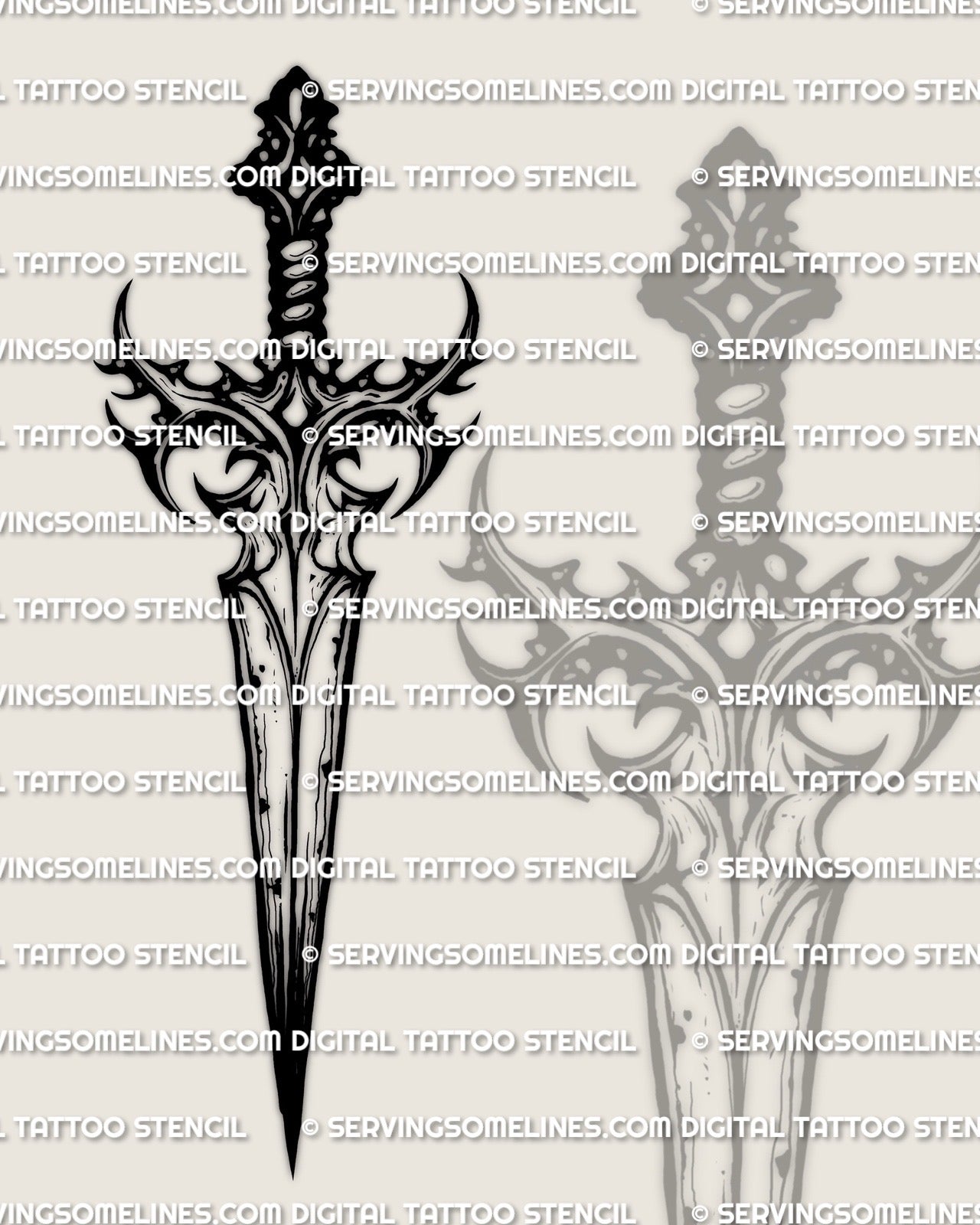 Dagger tattoo stencil for a gothic-style blade, clean silhouette with decorative crossguard, instant digital download files included. 