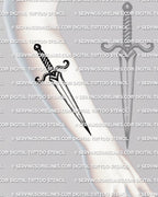 Dagger tattoo stencil shown on forearm placement example, classic straight blade with ball pommel and curved guard.