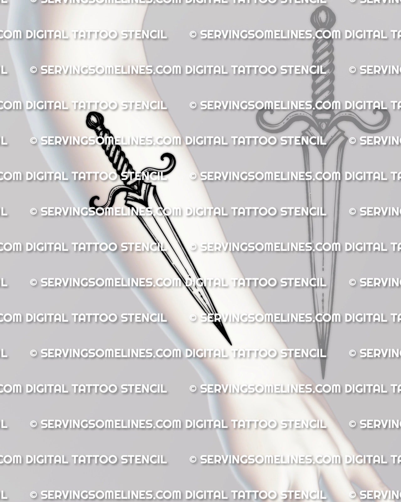 Dagger tattoo stencil shown on forearm placement example, classic straight blade with ball pommel and curved guard.