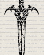 Dagger tattoo stencil in medieval style, straight blade with vintage guard details, clean outline for forearm or calf.
