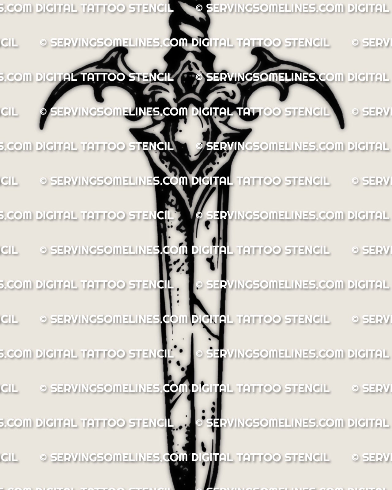 Dagger tattoo stencil in medieval style, straight blade with vintage guard details, clean outline for forearm or calf.