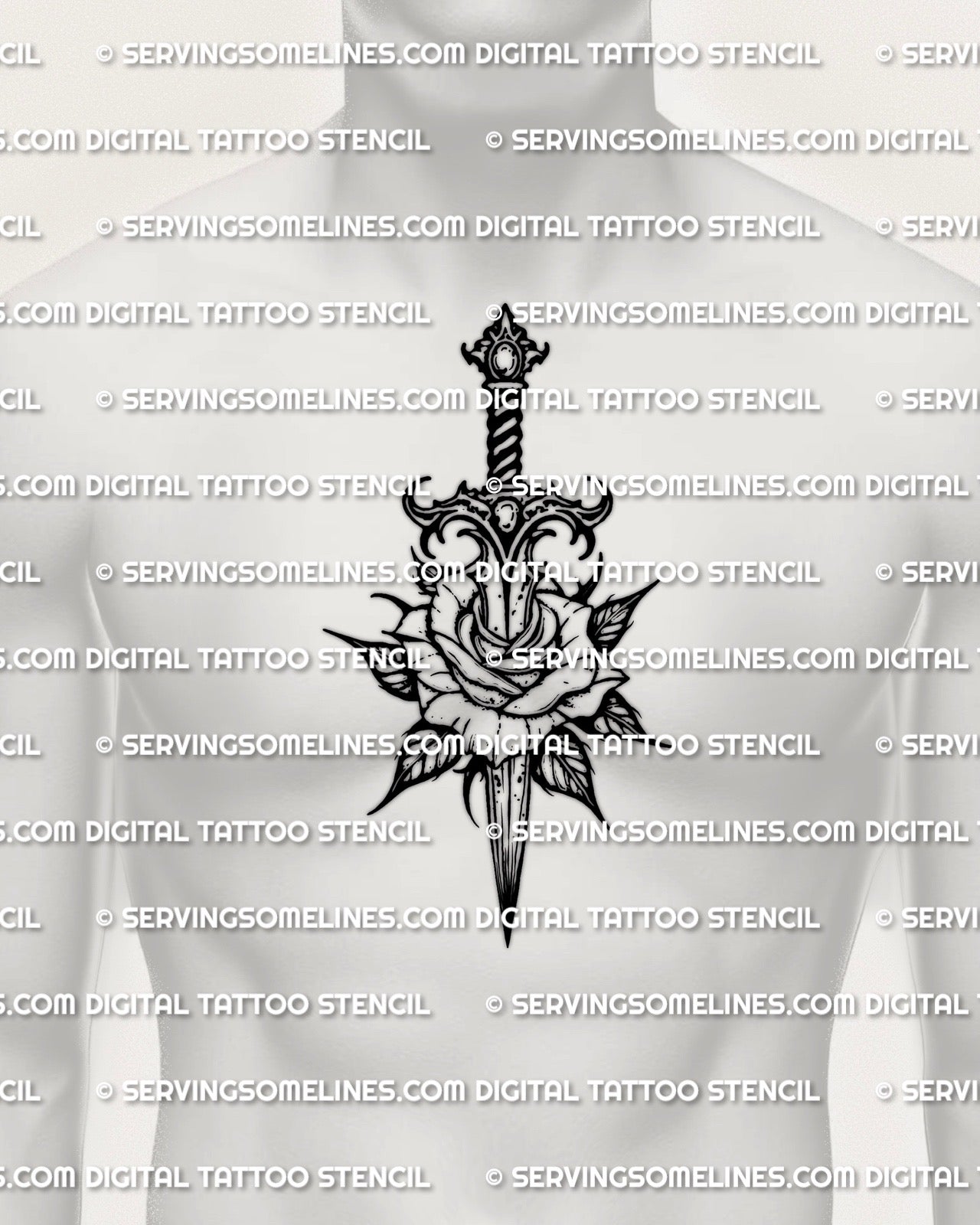 Dagger through rose tattoo stencil shown on men’s chest center placement, strong centerline fit, printable stencil download.