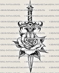 Dagger through rose tattoo stencil download, rose head pierced by a clean blade silhouette, PNG, JPEG, PDF included.
