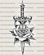 Dagger through rose tattoo stencil download, rose head pierced by a clean blade silhouette, PNG, JPEG, PDF included.
