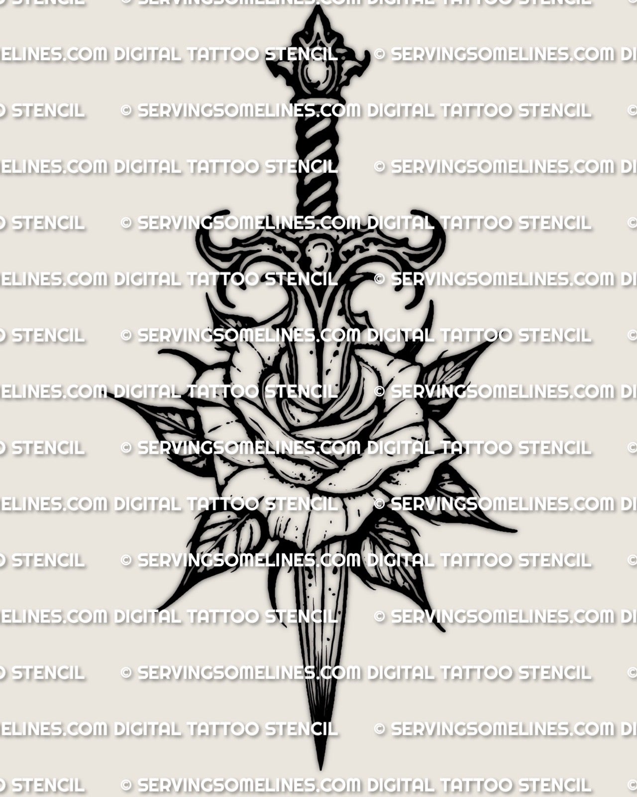 Dagger through rose tattoo stencil download, rose head pierced by a clean blade silhouette, PNG, JPEG, PDF included.