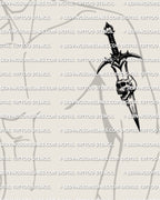 Dagger through skull tattoo stencil shown on men’s bicep placement, skull pierced by dagger with drip shading.