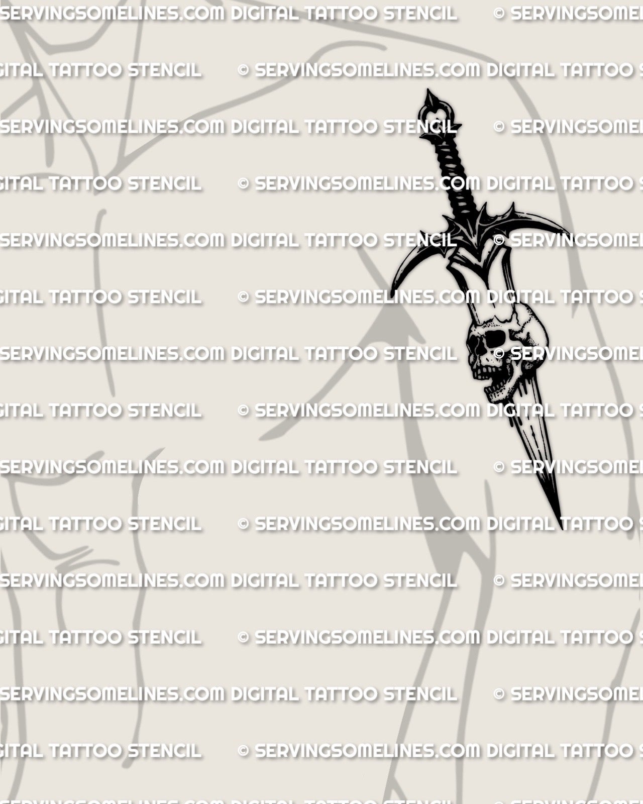 Dagger through skull tattoo stencil shown on men’s bicep placement, skull pierced by dagger with drip shading.