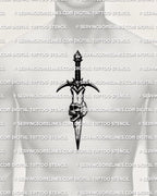 Dagger through skull tattoo stencil displayed on men’s chest center placement, skull and dagger vertical layout.