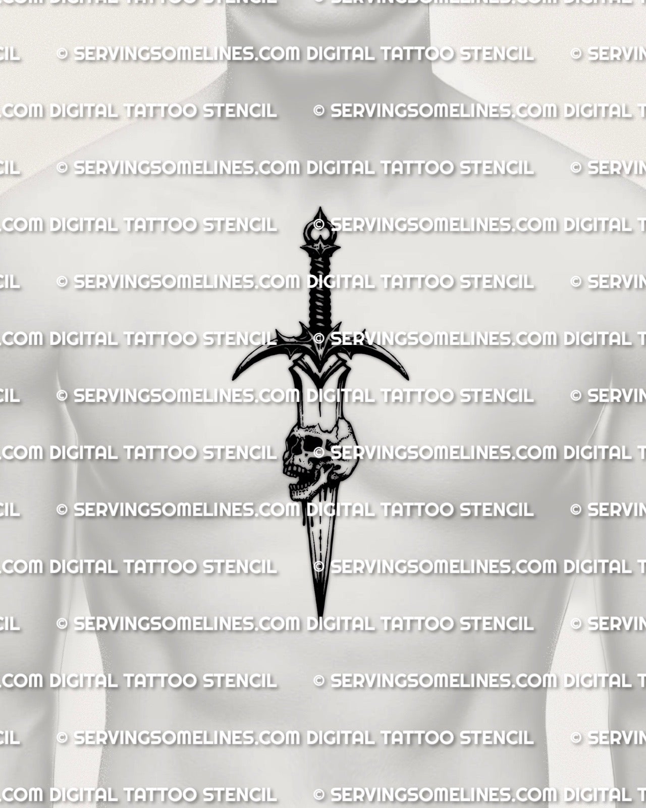 Dagger through skull tattoo stencil displayed on men’s chest center placement, skull and dagger vertical layout.