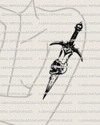 Dagger through skull tattoo stencil displayed on women’s upper arm placement, skull and dagger piece sized for arm.