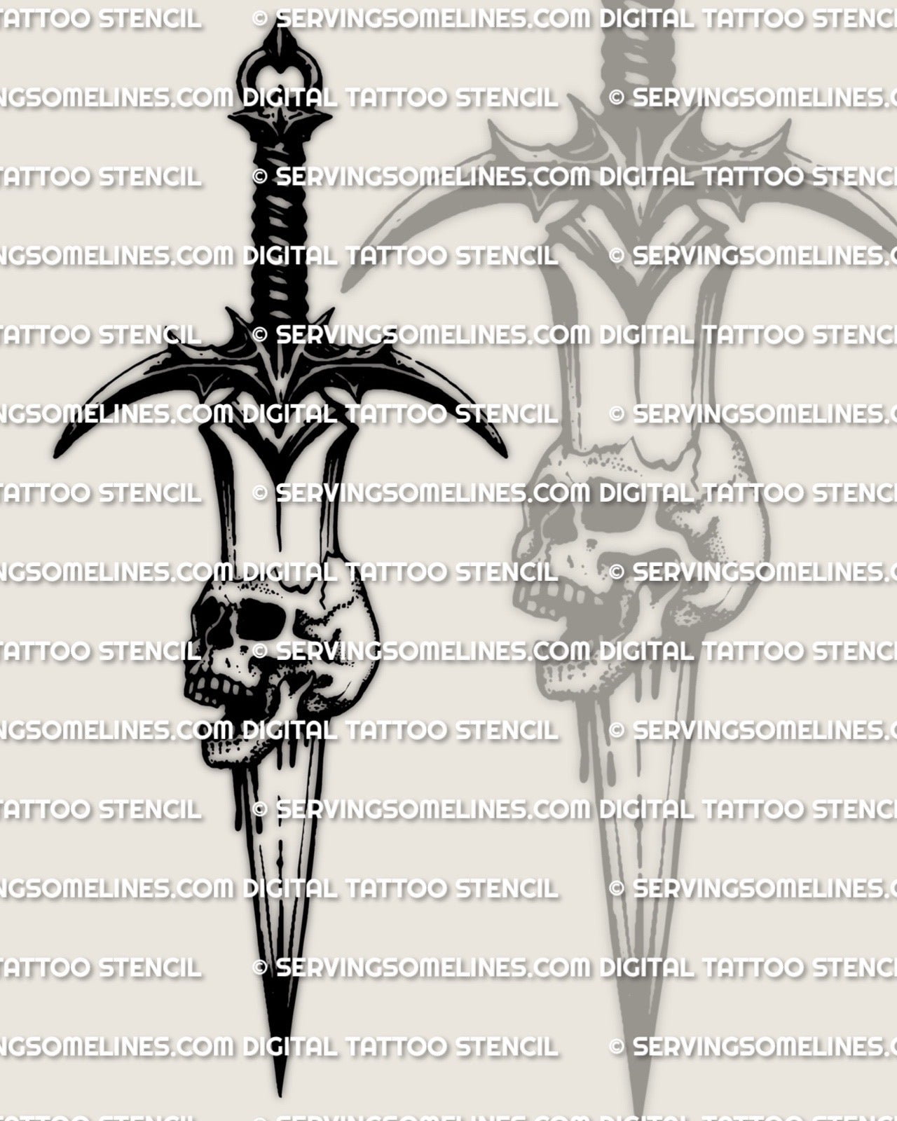 Dagger through skull tattoo stencil, skull pierced by dagger, bold black design preview on light background.