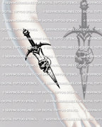 Dagger through skull tattoo stencil shown on forearm placement, vertical skull and dagger design with sharp blade tip.