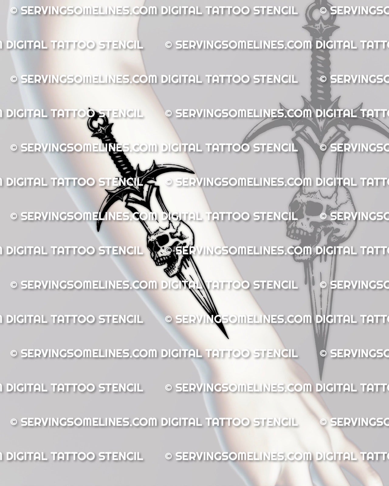 Dagger through skull tattoo stencil shown on forearm placement, vertical skull and dagger design with sharp blade tip.