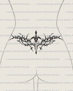 Dagger tramp stamp tattoo stencil displayed on low waist placement with dark ornamental thorns and gothic detail