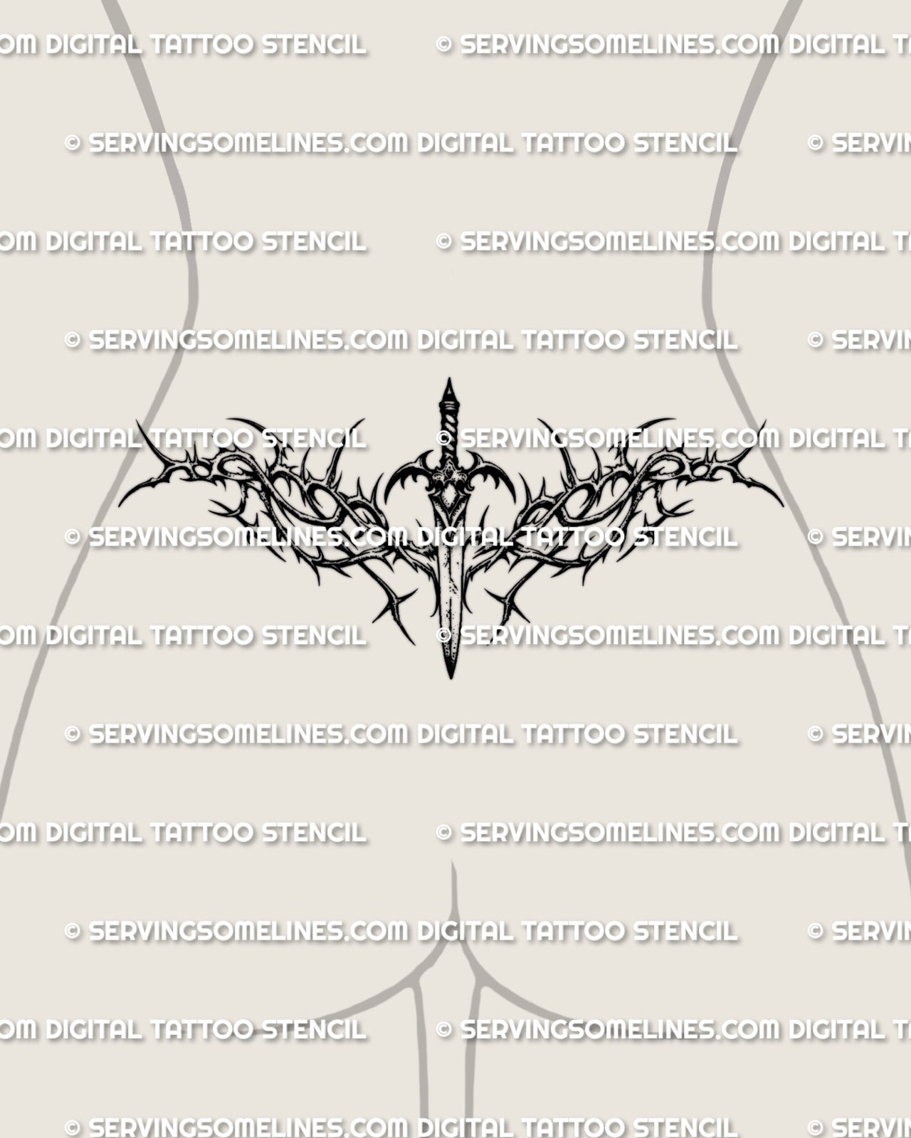 Dagger tramp stamp tattoo stencil displayed on low waist placement with dark ornamental thorns and gothic detail