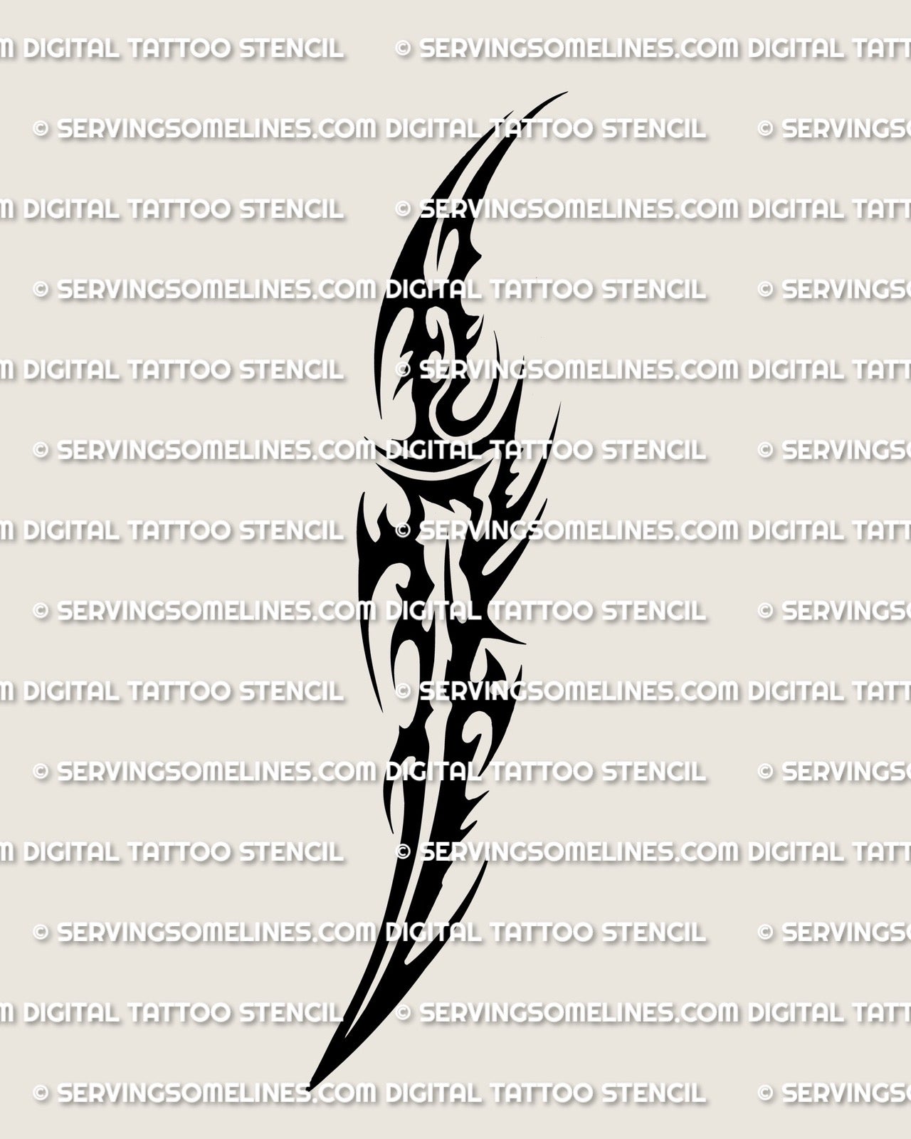 Dagger tribal tattoo stencil design, bold tribal dagger tattoo with curved blade tip and clean negative space for stencil printing.
