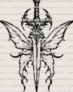 Dagger with butterfly tattoo stencil, butterfly-shaped guard and long blade, minimal linework, printable stencil file.
