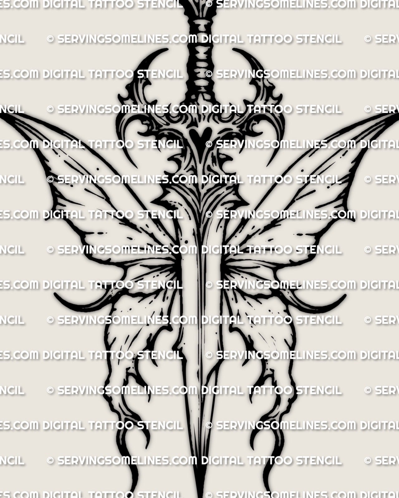 Dagger with butterfly tattoo stencil, butterfly-shaped guard and long blade, minimal linework, printable stencil file.