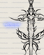 Close view, dagger with flame frame accents, burning dagger tattoo stencil linework detail.