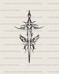 Dagger with flames tattoo stencil, flame frame accents around the guard, clean printable linework.