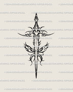 Dagger with flames tattoo stencil, flame frame accents around the guard, clean printable linework.