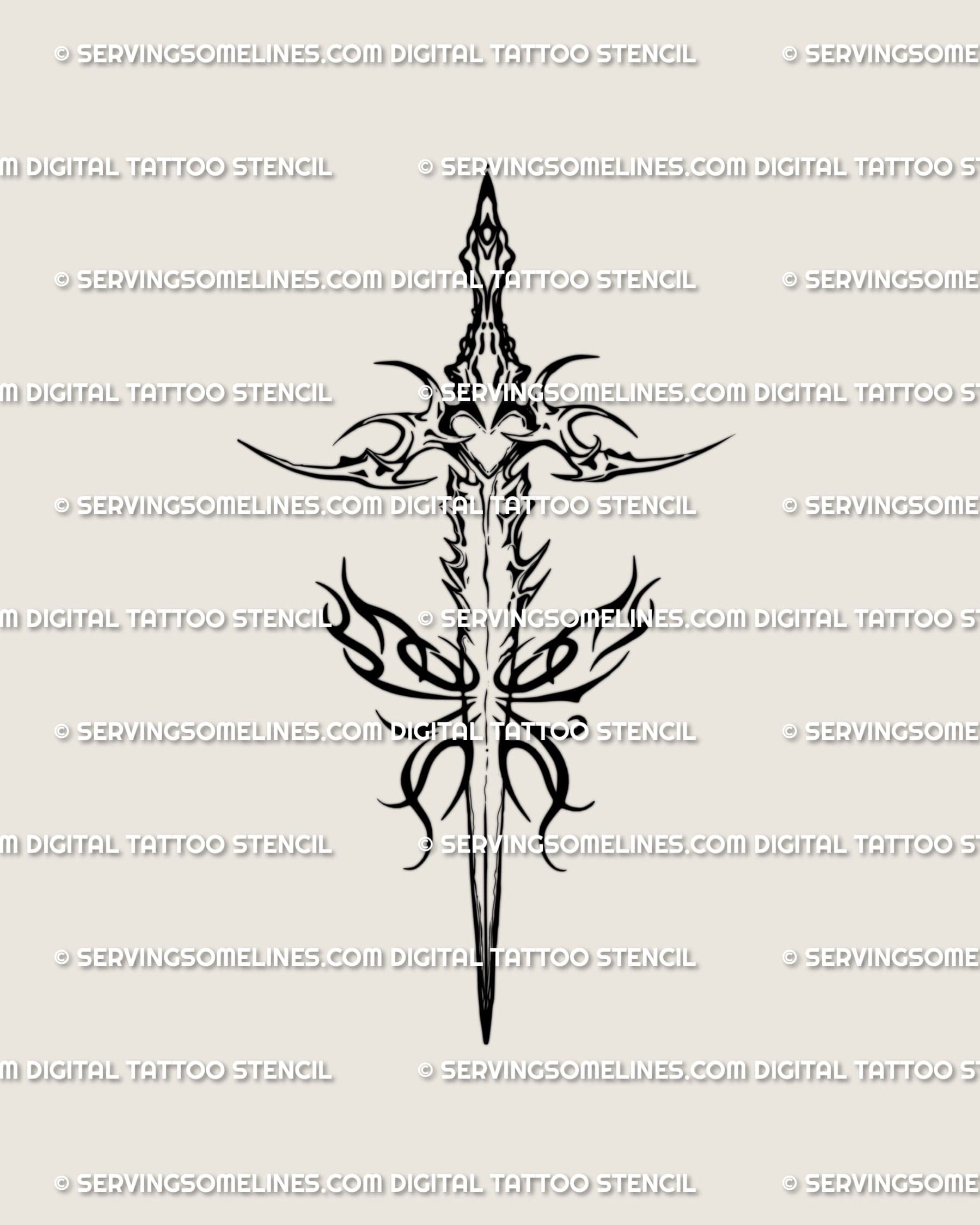 Dagger with flames tattoo stencil, flame frame accents around the guard, clean printable linework.