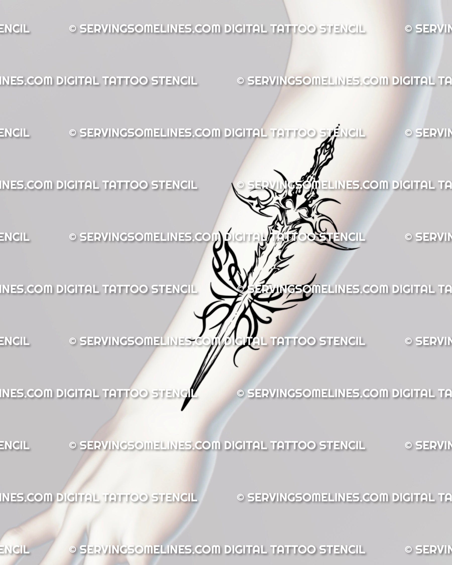 Flame dagger tattoo stencil shown on forearm placement, dagger-first silhouette, crisp transfer.