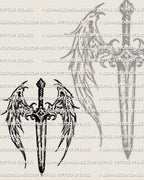 Dagger with wings tattoo stencil download, angel style dagger linework, printable PDF plus transparent PNG included.