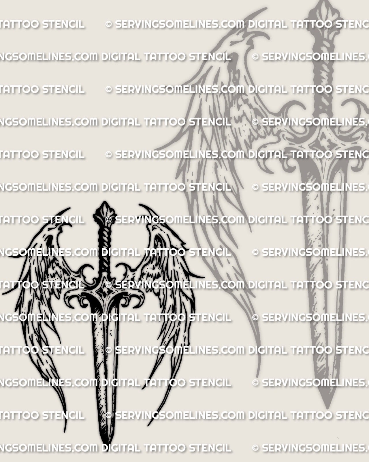 Dagger with wings tattoo stencil download, angel style dagger linework, printable PDF plus transparent PNG included.