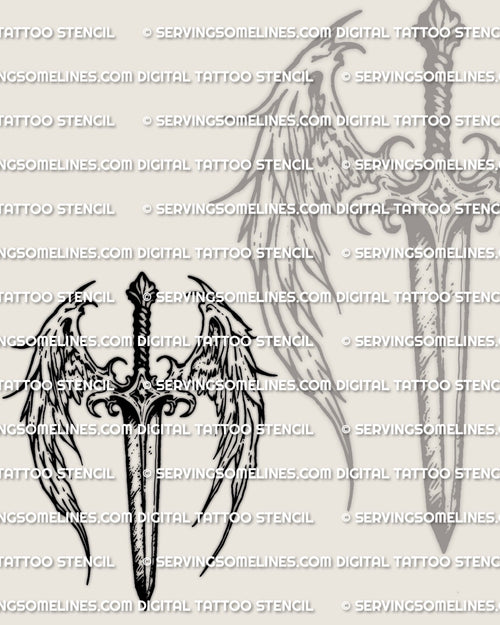 Dagger with wings tattoo stencil download, angel style dagger linework, printable PDF plus transparent PNG included.