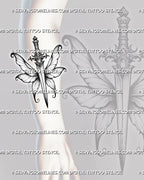Dagger with wings tattoo stencil shown on forearm, with fairy-style wings, slim blade, and ornamental hilt detail.