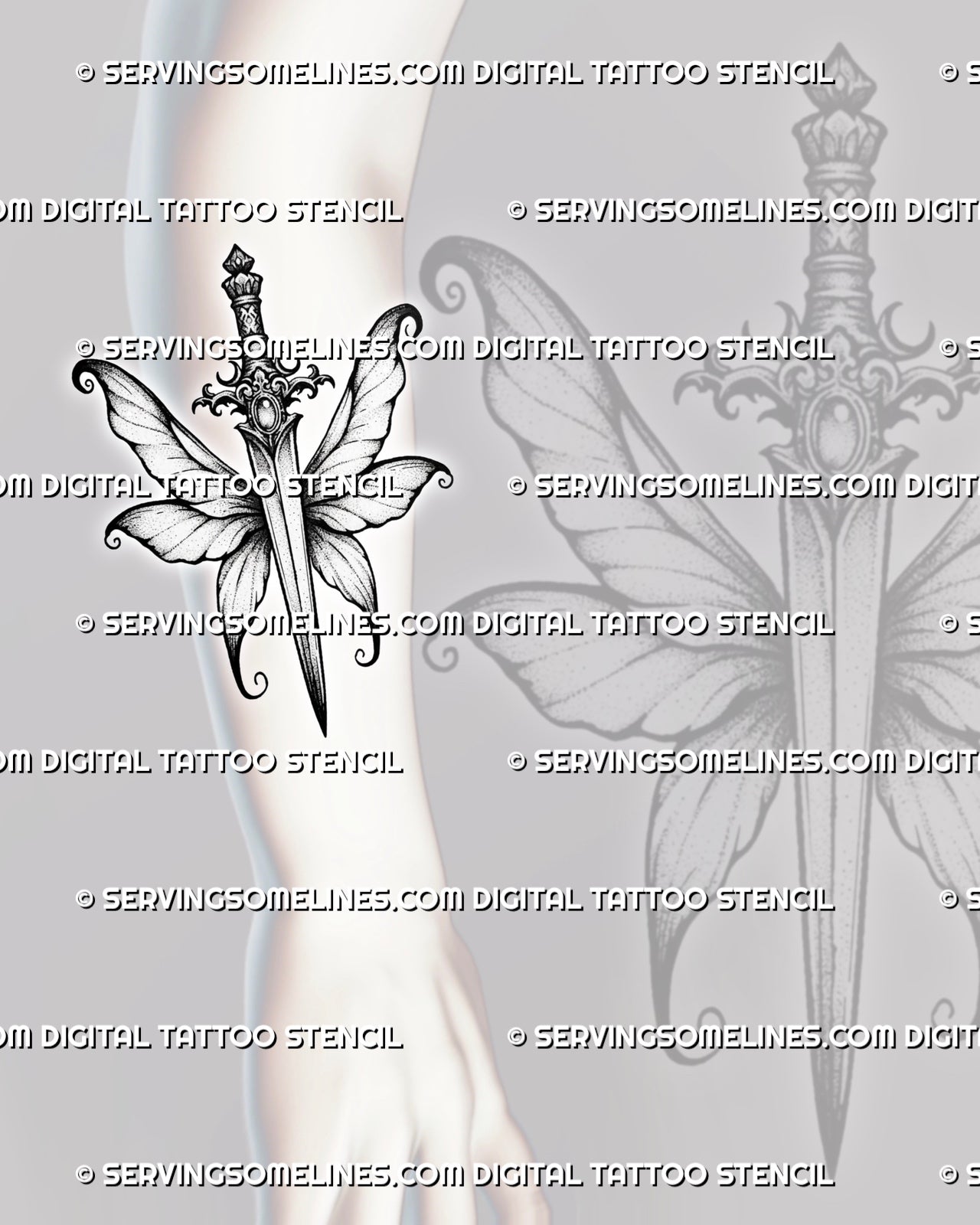 Dagger with wings tattoo stencil shown on forearm, with fairy-style wings, slim blade, and ornamental hilt detail.