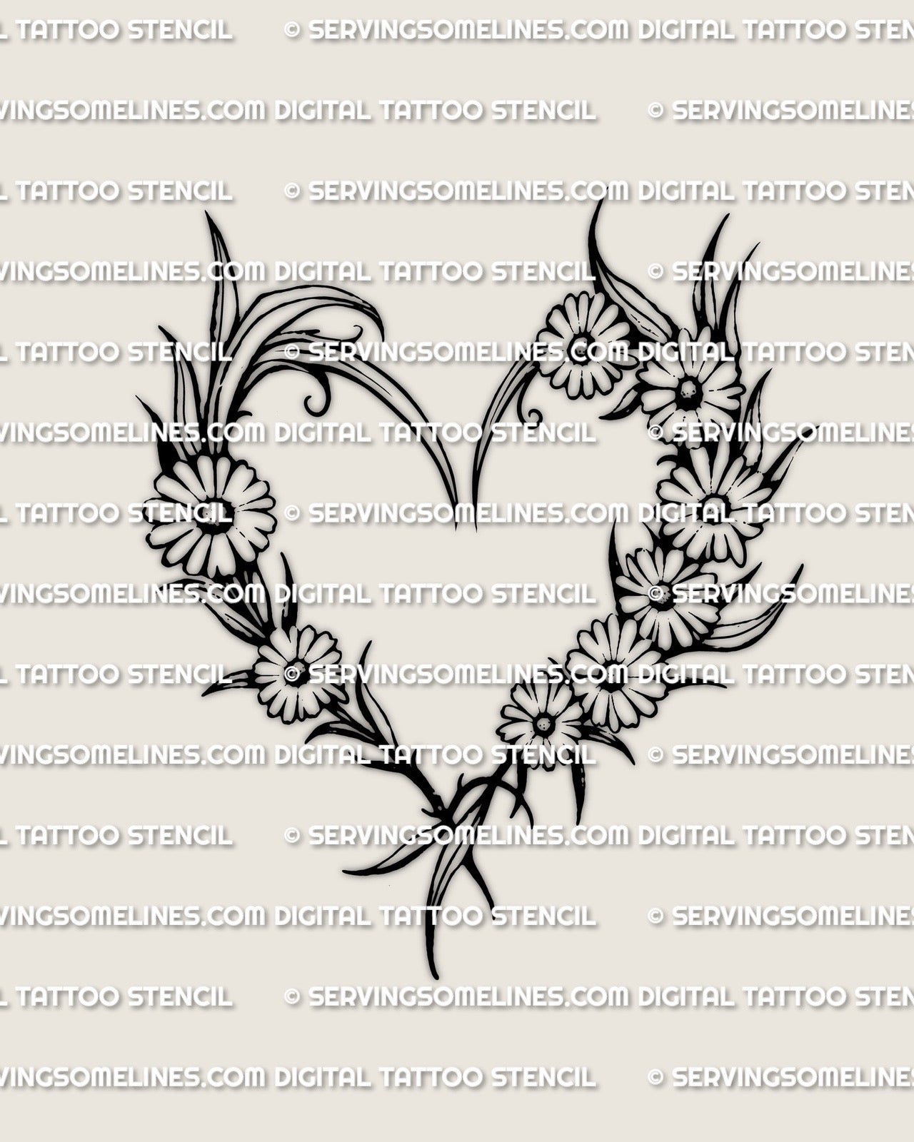 Daisy chamomile heart tattoo design, clean petals and leaf stems forming a heart outline, high resolution stencil file for tattooing.