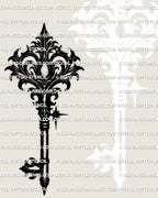 Damask key tattoo stencil, victorian baroque key with carved scroll head and dark fill, isolated silhouette for stencil use.