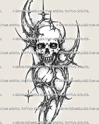 Dark abstract skull tattoo stencil design preview with thorned cyber sigil lines, star accents, and a long vertical shape.