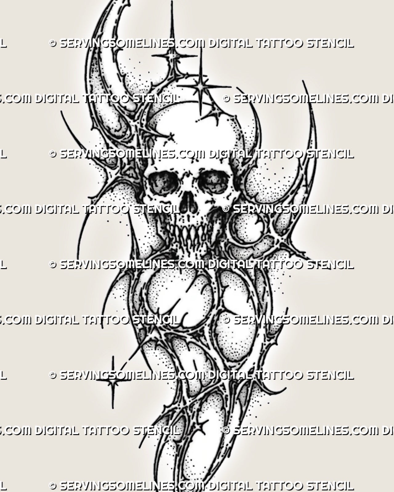 Dark abstract skull tattoo stencil design preview with thorned cyber sigil lines, star accents, and a long vertical shape.