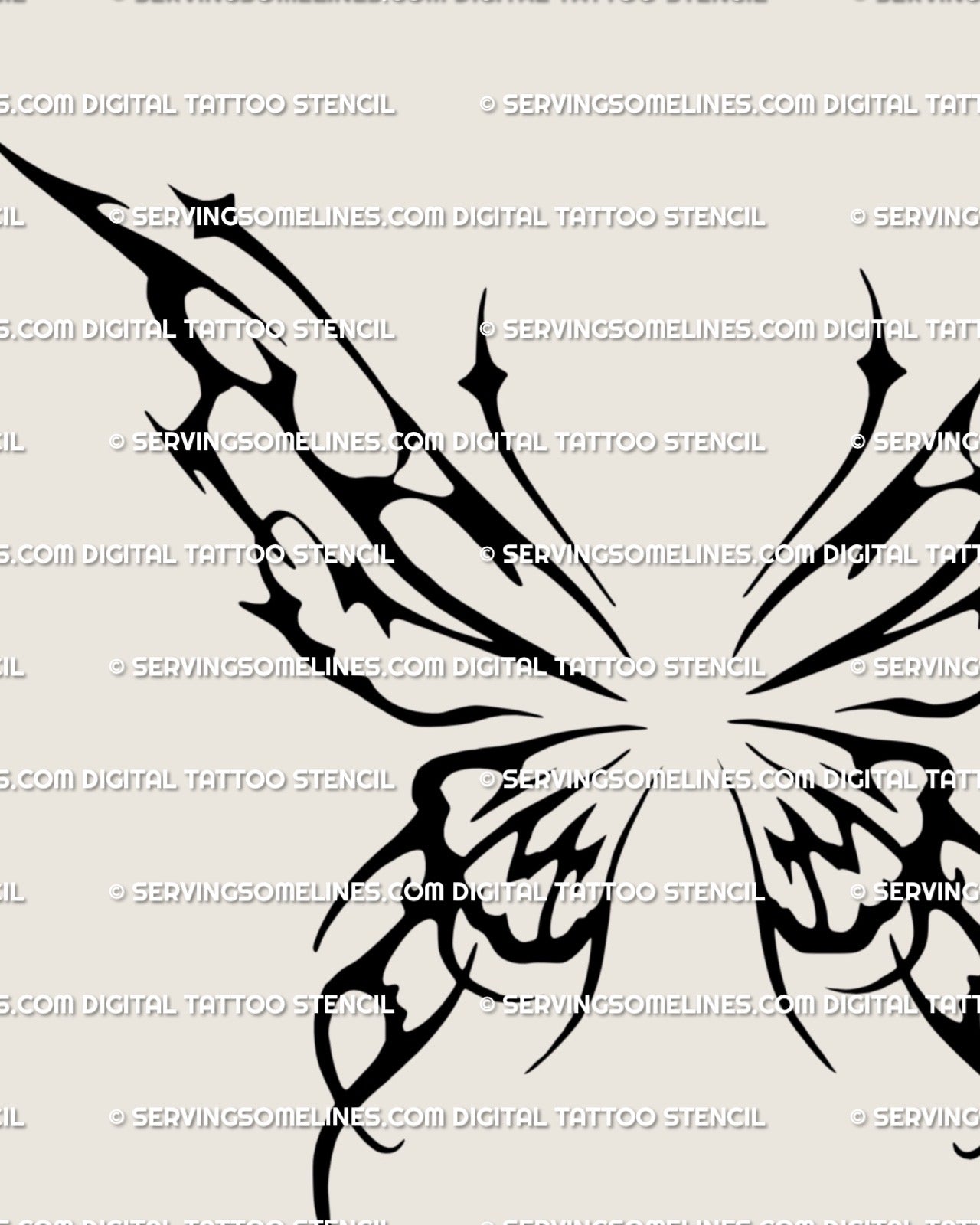 Close detail of dark abstract wings tattoo showing black sections, pointed edges, and refined ornamental shaping