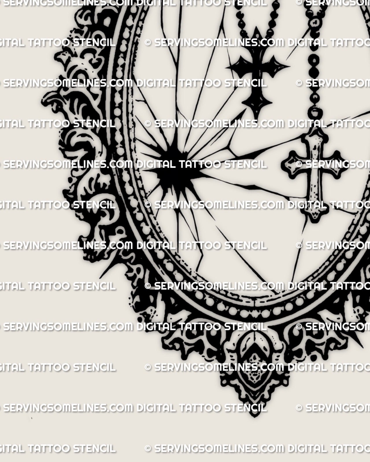 Dark baroque mirror cross tattoo stencil digital artwork, gothic crucifix design optimized for stencil clarity and long term tattoo readability
