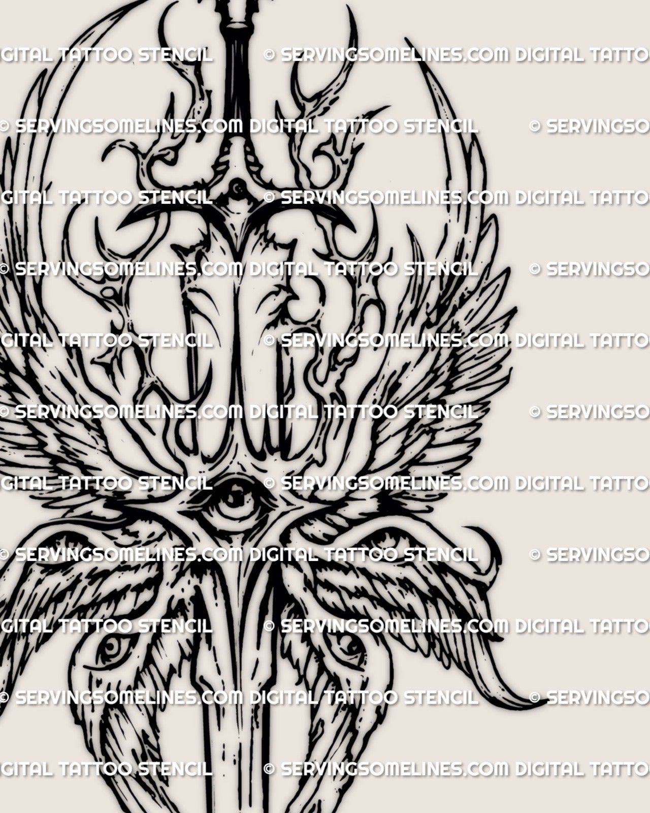Dark biblical angel tattoo stencil with eyes on wings and layered seraphim form, created as a clean digital tattoo stencil
