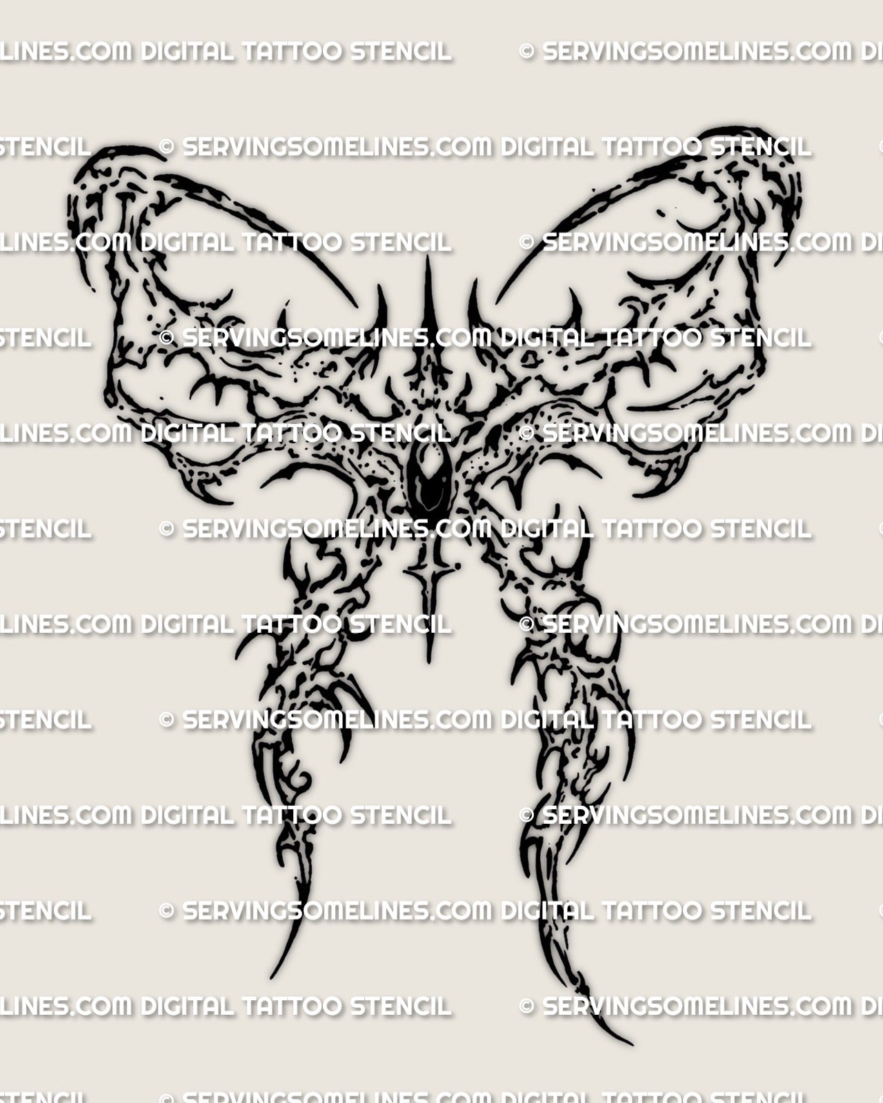 Dark bow tattoo stencil in a cybersigilism style, spiked emblem design with printable stencil download files.
